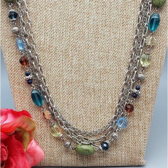 Premier Designs Silver Tone Multi Strand Chain Necklace Colorful Bead Stations - Picture 4 of 13